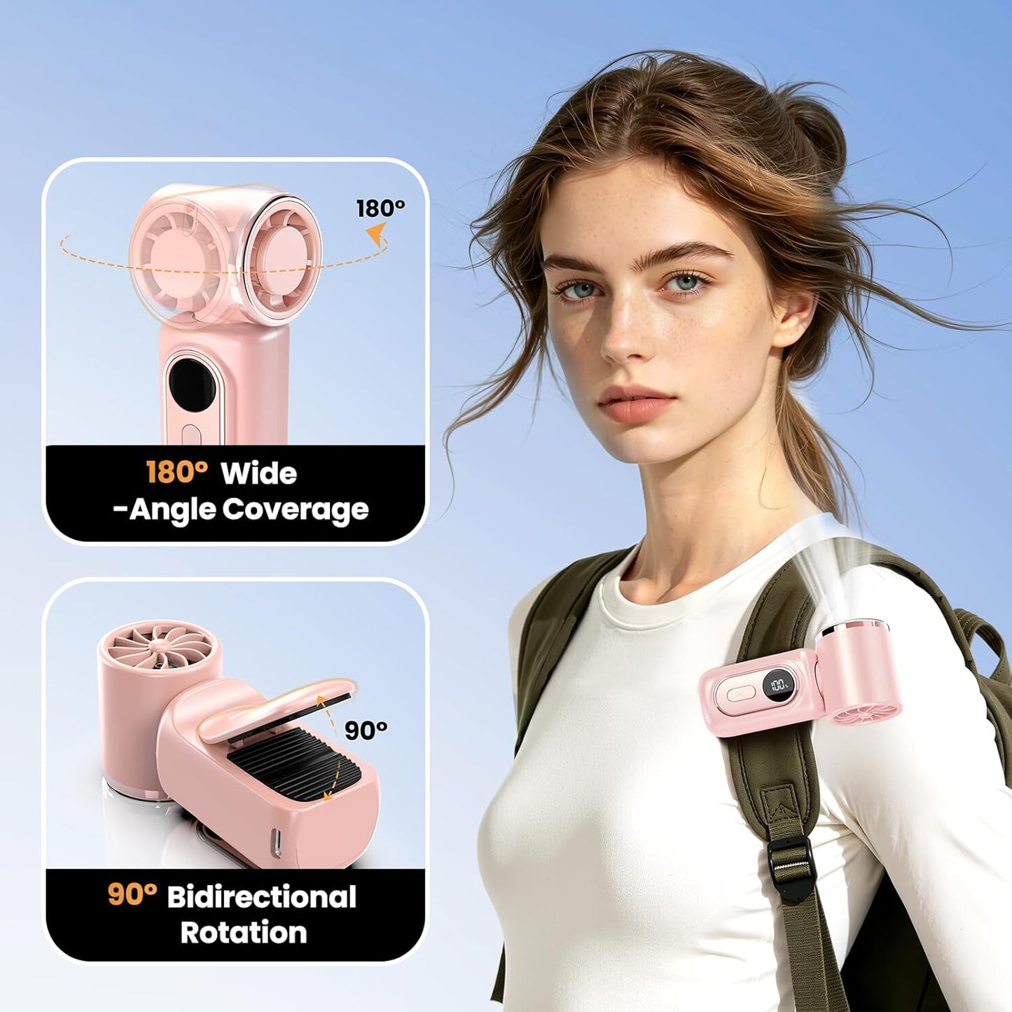 Portable Clip-On Mini Fan 180° Rotating 3000mAh 5-speed | Handheld Mini Fan with LED Display, 14500 RPM Rechargeable Stroller Fan for Travel, Camping, Game day & Office