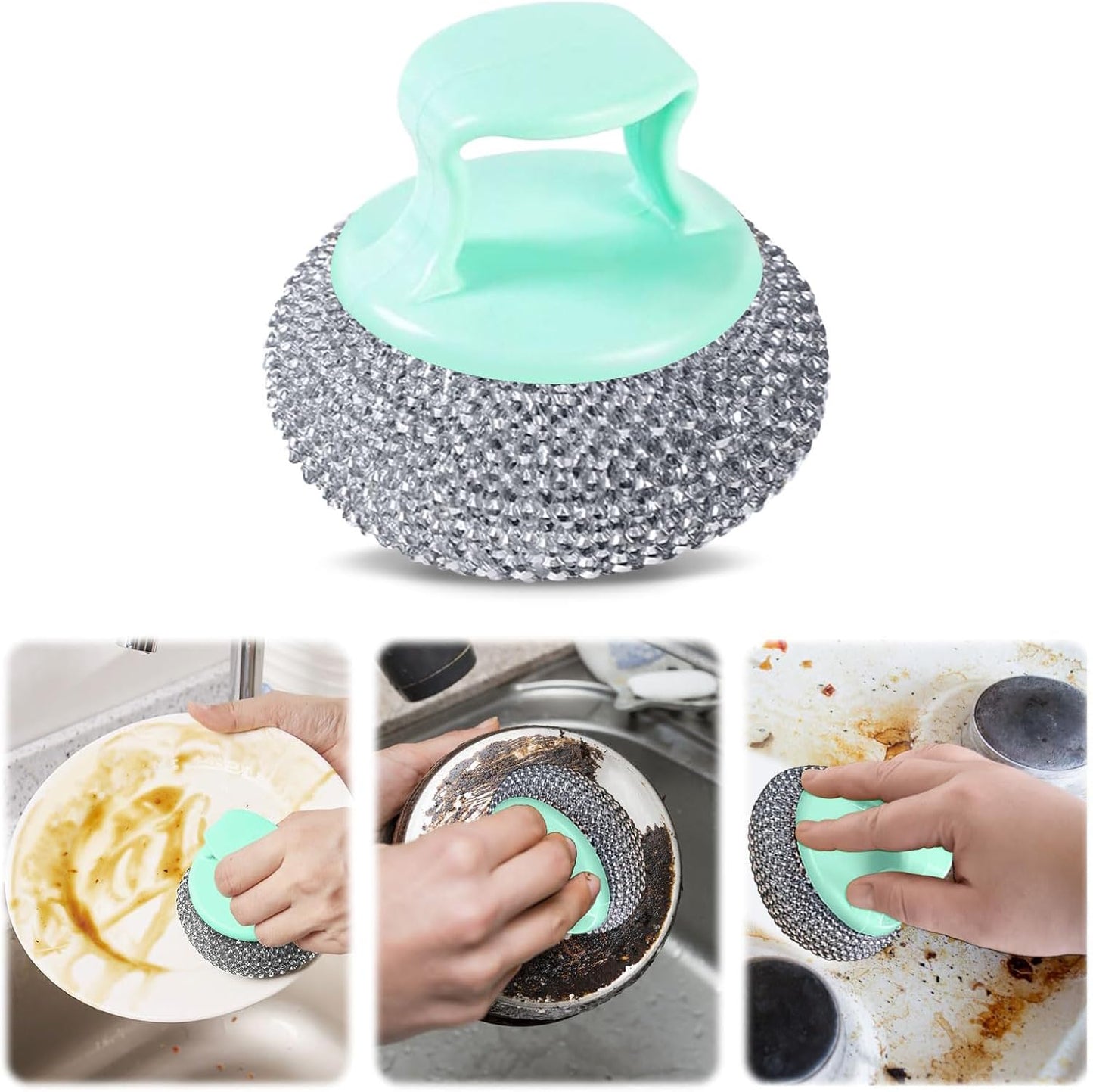 Dish Scrubber - Non Scratch Short Handle Brush for Cleaning | Durable Nylon Fiber with Soft Ball Pad, Stain Removing Scouring Tool, Easy Grip Handle for Pots, Pans, Grill, Sink, Kitchen Household Use
