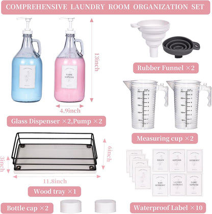 Glass Laundry Detergent Dispenser,1 Gallon Large Liquid Soap 2 Pack(Gold) | Complete borosilicate jars set with leakproof spigots, protective silicone mats, minimalist labels, and dosing cups