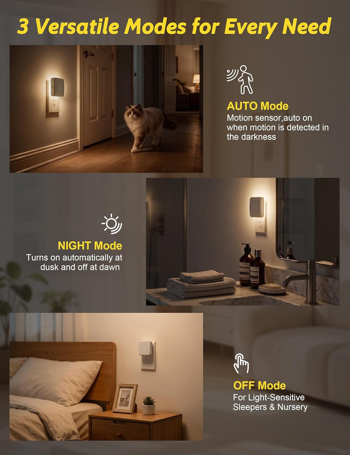 Sujeet Motion Sensor Night Light, Dimmable Plug in LED Nightlight 1-80lm Adjustable Brightness, 4 Pack Warm White with Dusk to Dawn Sensor & Backlit, Wall Night Light for Bathroom, Hallway, Stairs