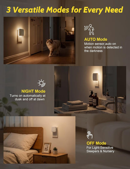 Sujeet Motion Sensor Night Light, Dimmable Plug in LED Nightlight 1-80lm Adjustable Brightness, 4 Pack Warm White with Dusk to Dawn Sensor & Backlit, Wall Night Light for Bathroom, Hallway, Stairs