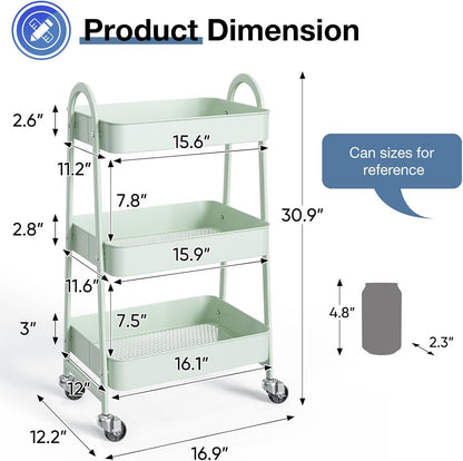OLIXIS Metal 4 Tiers Utility Rolling Cart, Mobile Storage Shelf with Lockable Caster Wheels, Organization for Livingroom, Bathroom, Kitchen, & Narrow Places, 4-Tier Green