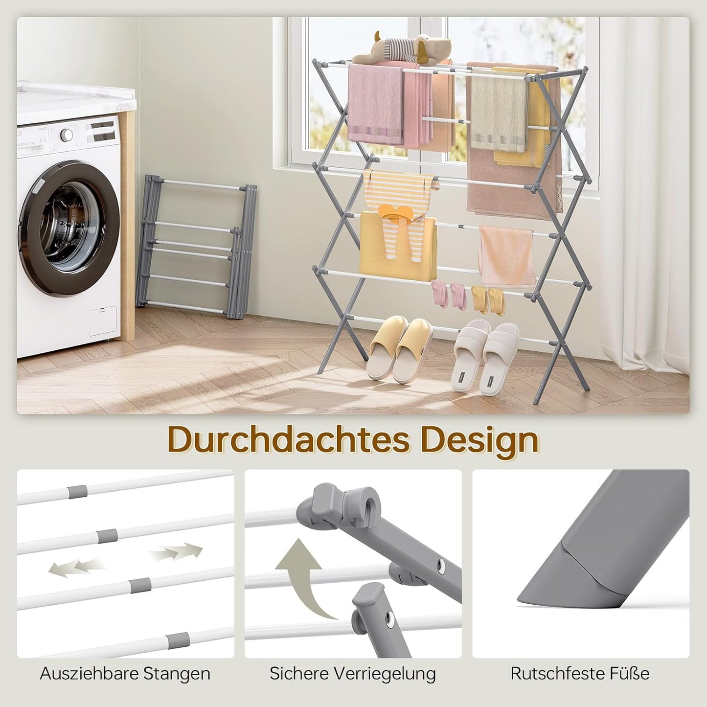 KINGBOARD Clothes Drying Rack, Collapsible Drying Rack Clothing with 11 Poles, 3-Tier Laundry Drying Rack, Small Clothes Drying Rack Foldable for Baby Clothes Sock Towel, 25lb Capacity, White