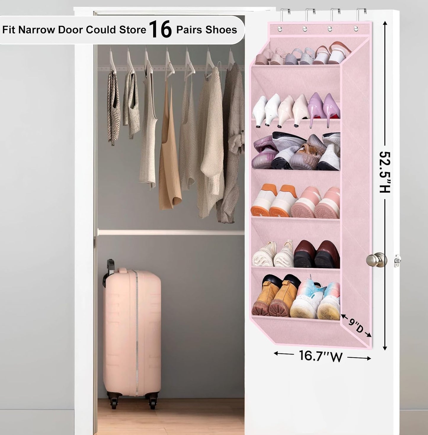 SLEEPING LAMB Over The Door Shoe Organizer for Closet with Large Deep Pockets, Narrow Shoe Rack for Door Hanging Boots Storage, Black