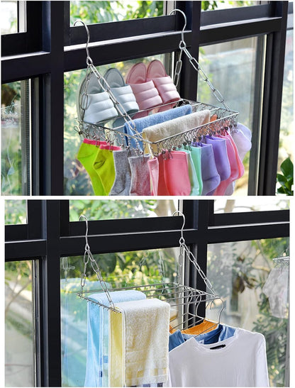 Stainless Steel Sock Drying Rack,Multifunctional Laundry Drying Rack Hanging Drying Rack Swivel Hook Wind Proof Clothes Hanger Rack with Clips for Hanging Clothes Towels Socks (Without Clip 40cm)