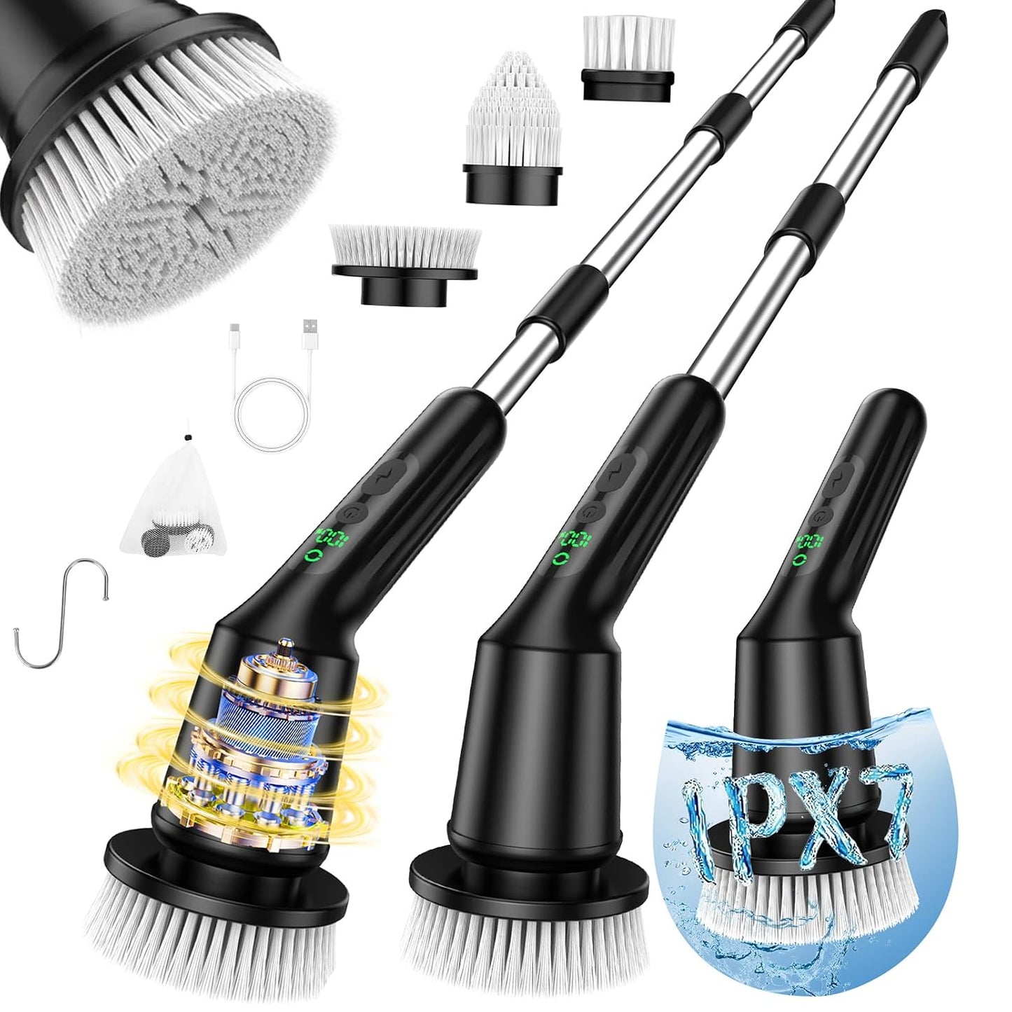 Shower Scrubber with Long Handle, Shower Cleaner Brush with 8 Floor Machine Pads, Cordless Electric Spin Scrubber for Cleaning with 2 Speed, Cleaning Supplies for Bathroom Bathtub Kitchen Floor Tile