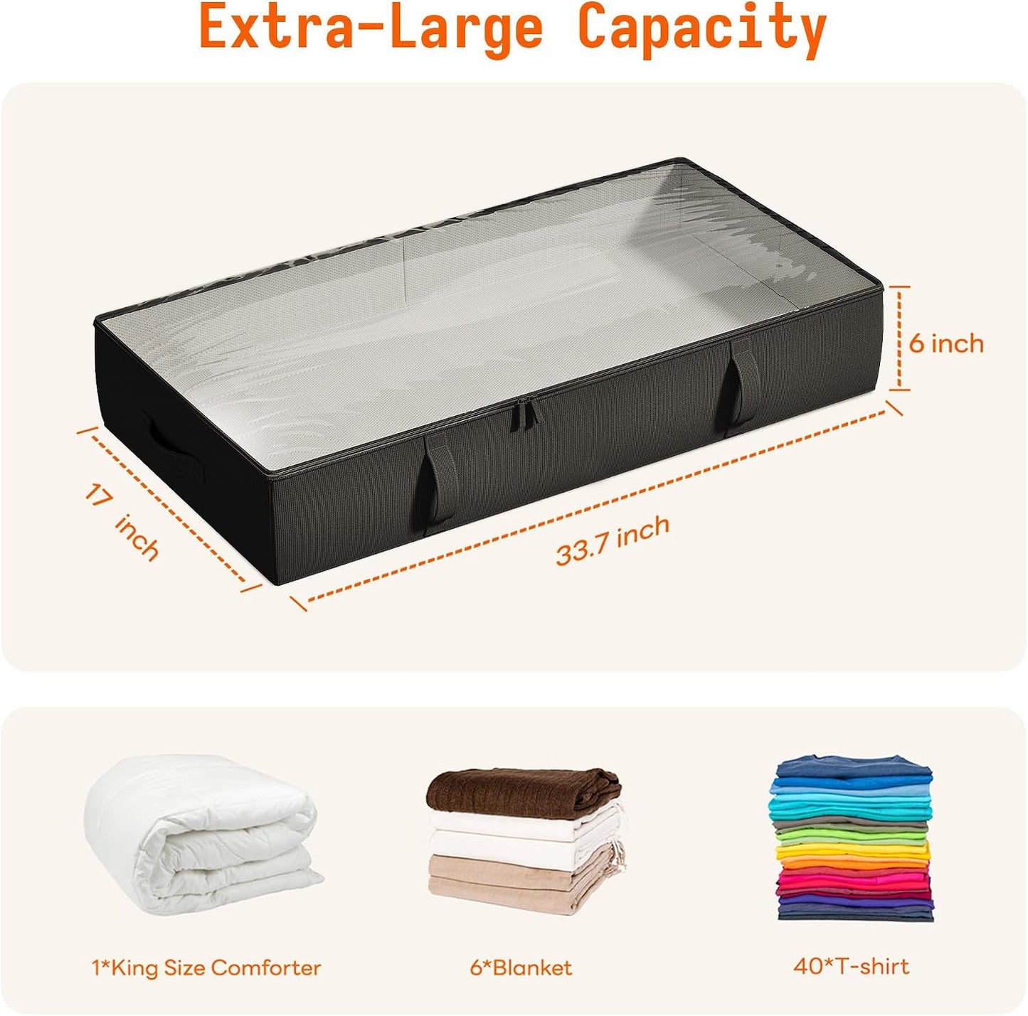 Vailando Side-Supported Under Bed Storage Containers, 6 Inches Tall 60L Underbed Storage Bins with Sturdy Handles and Sidewalls, Closet Organizer for Clothes, Blankets, Seasonal Items, Beige, 2-Pack