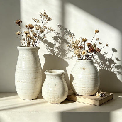 Ceramic Vase Set of 3,Rustic Vase Home Decor, Farmhouse Vase Decor for Shelves,Entry Table,Living Room,Fireplace