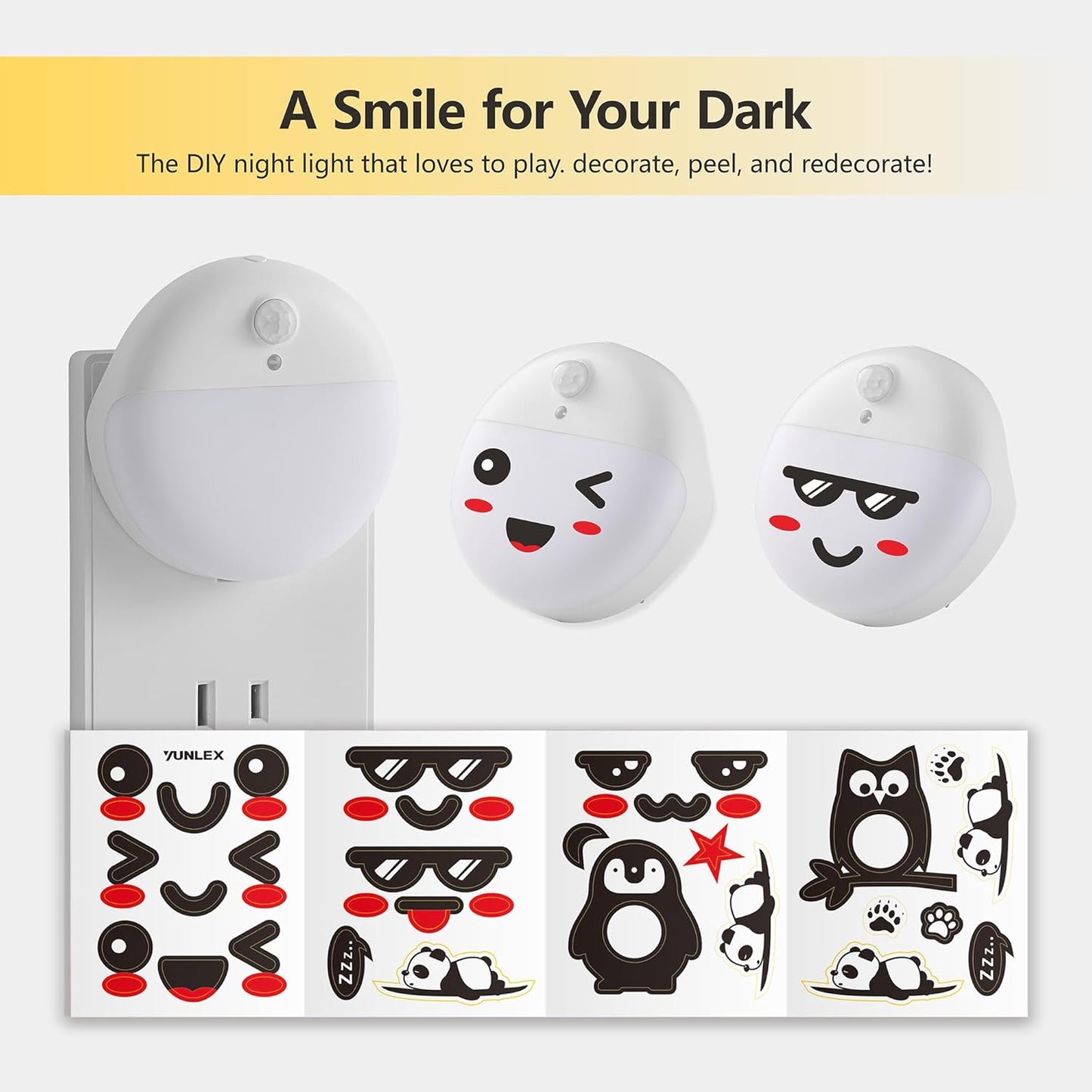 YUNLEX 2 Pack Plug in Night Light with Motion Sensor and Dusk to Dawn Sensor, Stepless Dimming, Warm White LED Nightlight with 3 Lighting Ways for Bathroom, Bedroom, Kitchen, for Kids, Adults