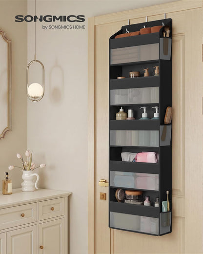 SONGMICS Over-the-Door Organizer, 5-Tier Door Hanging Storage Shelf, Heavy-Duty Closet Hanging Organizer Foldable, Transparent, Pockets, Metal Hooks, Ink Black URDH010BH01