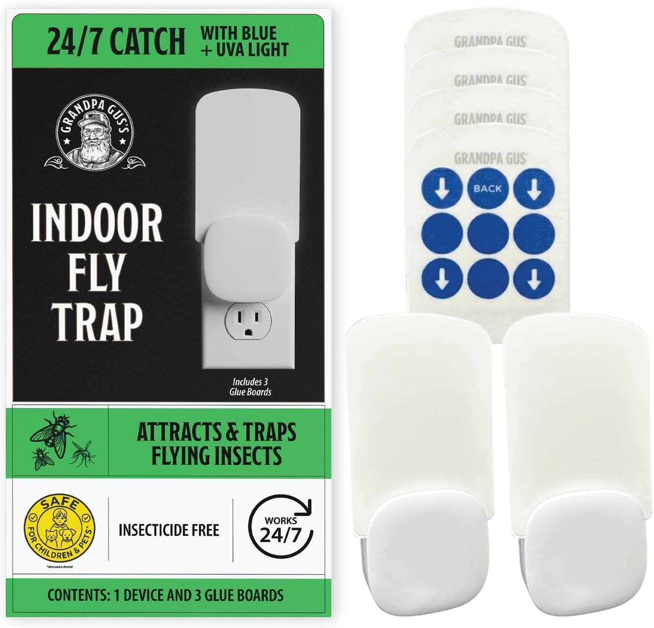 Grandpa Gus’s Indoor Fly Trap Plug-In - UV Light Insect Catcher for Flies, Gnats, Fruit Flies, Mosquitoes & Moths - No Insecticides, Sticky Glue Trap for Kitchen, Garage, Includes 3 Refill Glue Boards