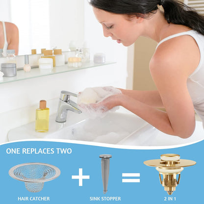 QYHNYJF Bathroom Sink Stopper with Hair Catcher – Universal Pop-Up Drain Strainer for 1.1–1.5 inch US Standard Sink Drain Holes, Anti-Clog Basin Stopper, Silver
