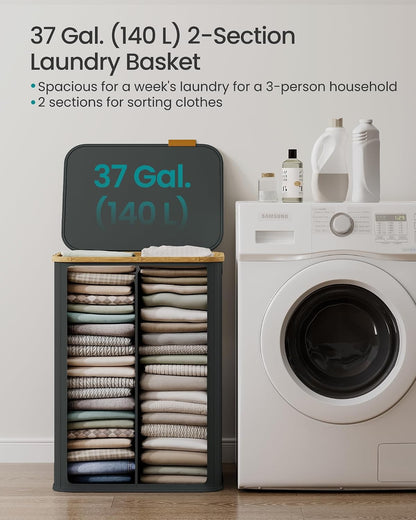SONGMICS Laundry Hamper, Laundry Basket with Lid, Foldable Storage Basket, Bamboo Frame, for Bedroom, Living Room, Oxford Fabric, 37 Gal. (140 L), Cream White ULCB519WD01