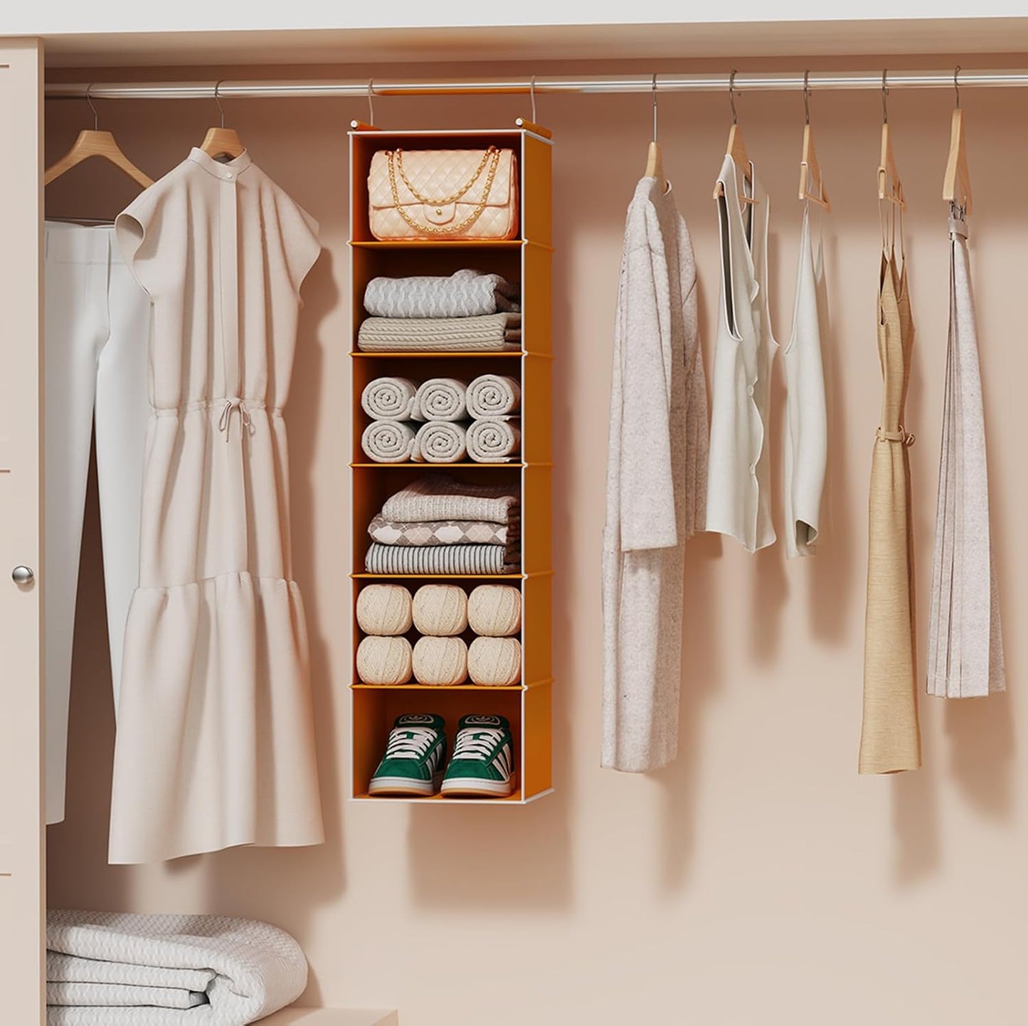 MAX Houser 6 Tier Shelf Hanging Closet Organizer, Closet Hanging Shelf with 2 Sturdy Hooks for Storage, Foldable (Grey)