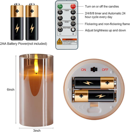 5plots Glass Battery Operated White Flameless Candles with Remote Timer, 3D Wick Real Wax Pillar Led Candles Warm Flickering Light for Indoor Home, Halloween, Christmas Decor, Set of 3, D3 x H4 5" 6"