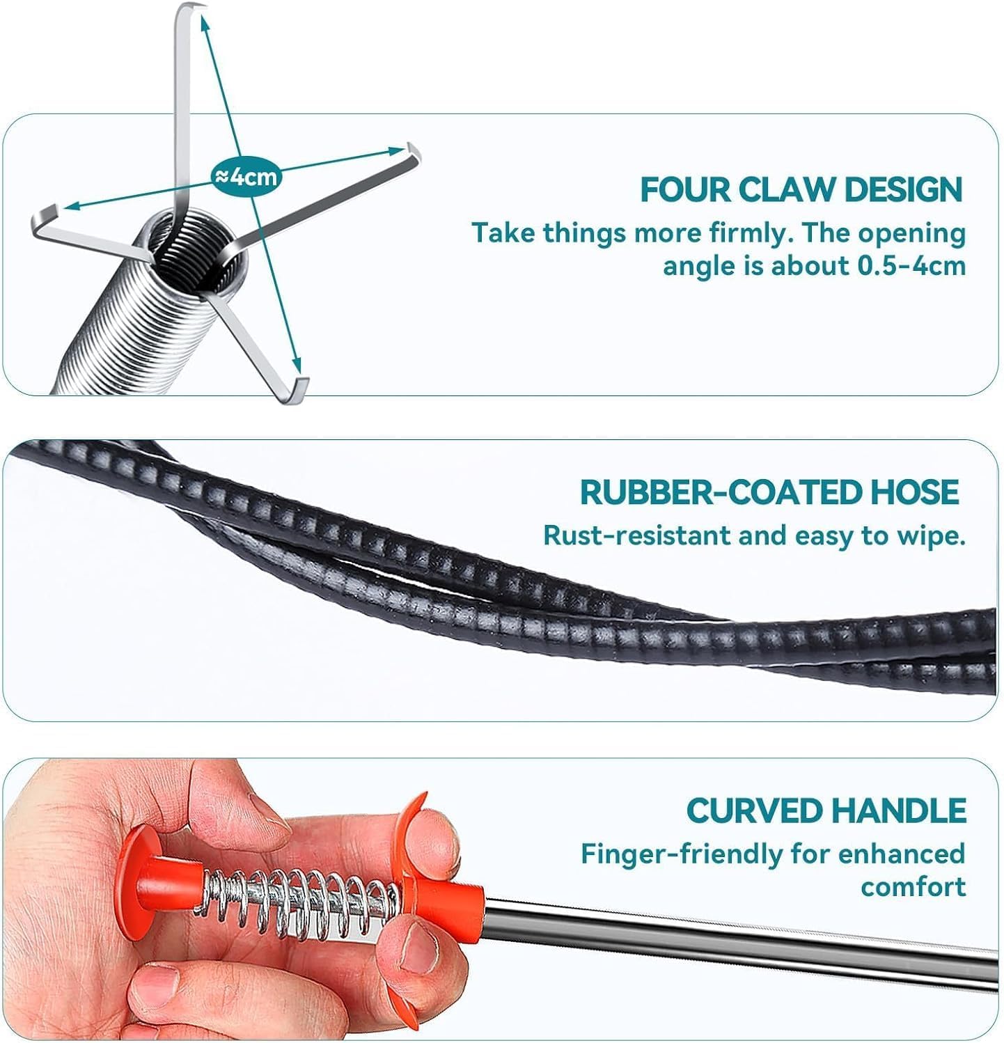 Drain Snake,76 inch Flexible Grabber Claw Pick Up Reacher Tool,Drain Clog Remover - Gutter Cleaning Tools for Home Sink, Bathroom Tub,Drain, Toilet, Tight Spaces