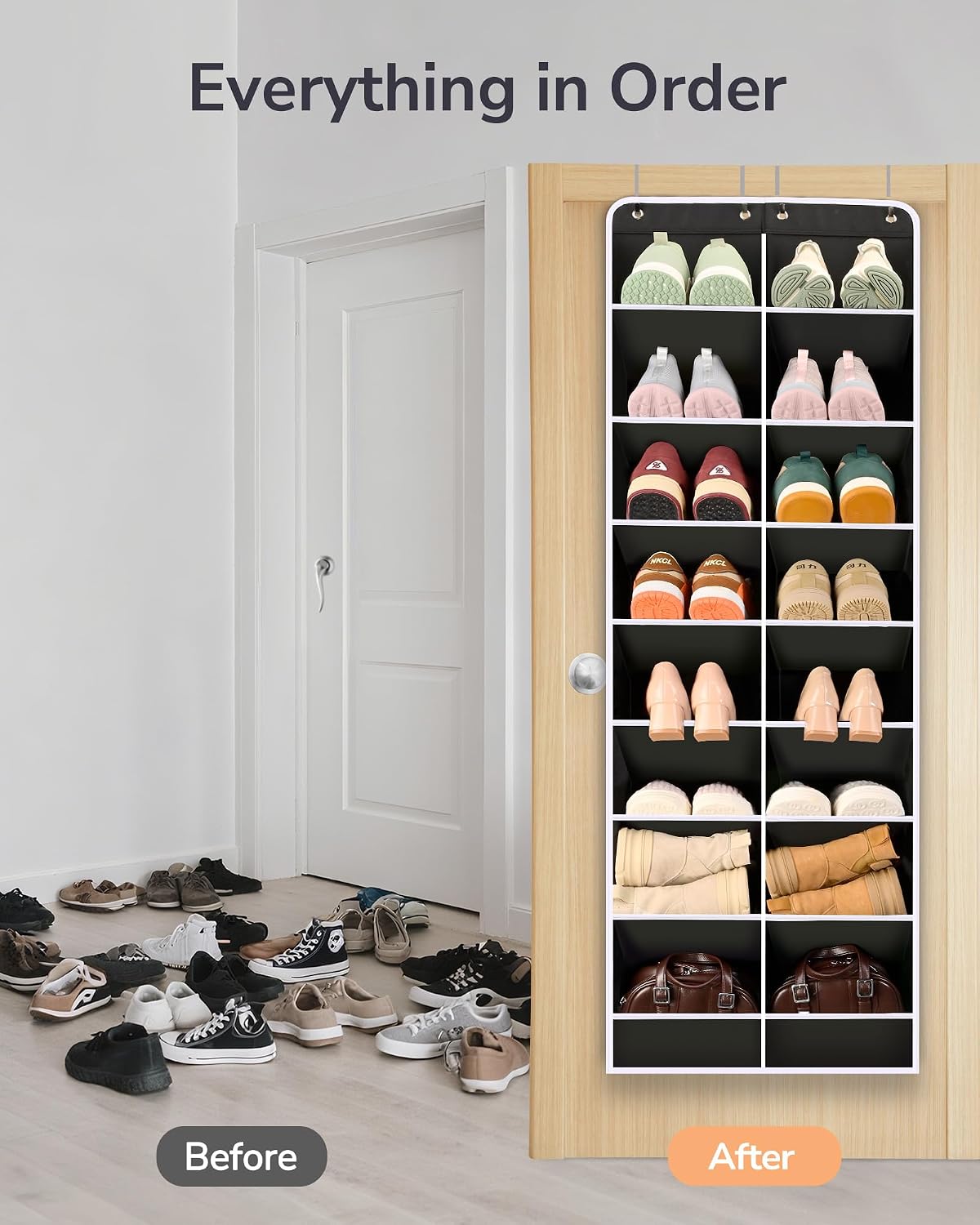 ULG Over The Door Shoe Organizer for Closet Fit 24-32 Pairs with Large Deep Pockets, Narrow Shoe Rack for Door Hanging Boots Storage, Black