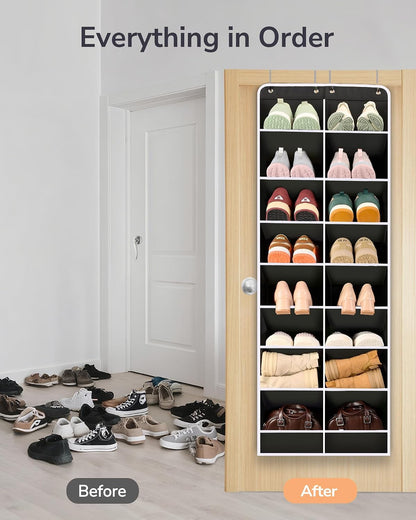 ULG Over The Door Shoe Organizer for Closet Fit 24-32 Pairs with Large Deep Pockets, Narrow Shoe Rack for Door Hanging Boots Storage, Black