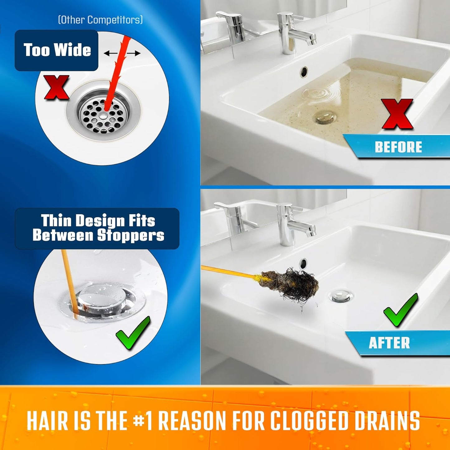 FlexiSnake Drain Weasel Sink Snake Hair Clog Remover Tool Kit, Sink, Pipe, Bathroom, Bathtub Drain Cleaner, 18-inch Long, Flexible, Made in The USA, 3 Pack Wand Refills and Removable Handle