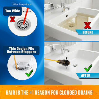 FlexiSnake Drain Weasel Sink Snake Hair Clog Remover Tool Kit, Sink, Pipe, Bathroom, Bathtub Drain Cleaner, 18-inch Long, Flexible, Made in The USA, 3 Pack Wand Refills and Removable Handle