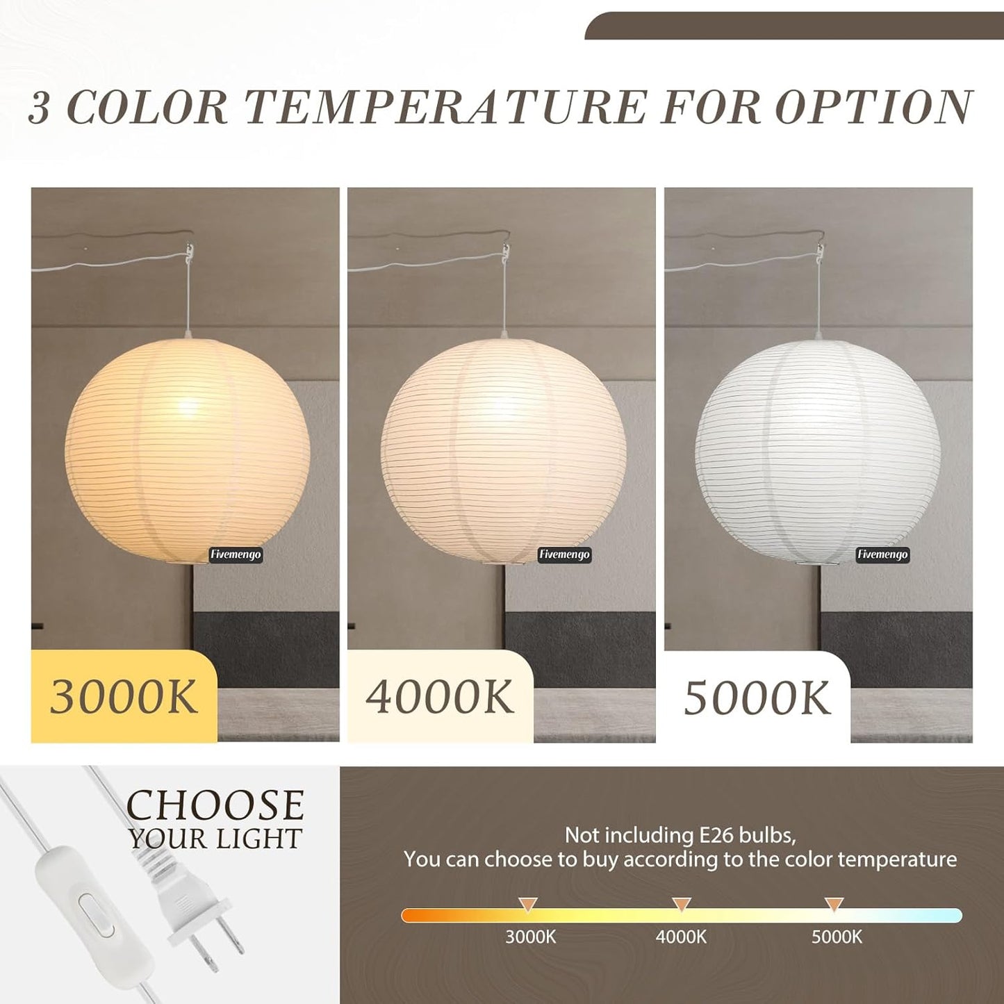 Paper Lantern Lamp Plug in Hanging Lamp 23.6in Off-White Rice Paper Pendant Light with 19.7FT Cord Large Globe Japanese Japandi Wabi Sabi Chandelier for Dining Living Room Bedroom 1 Pack