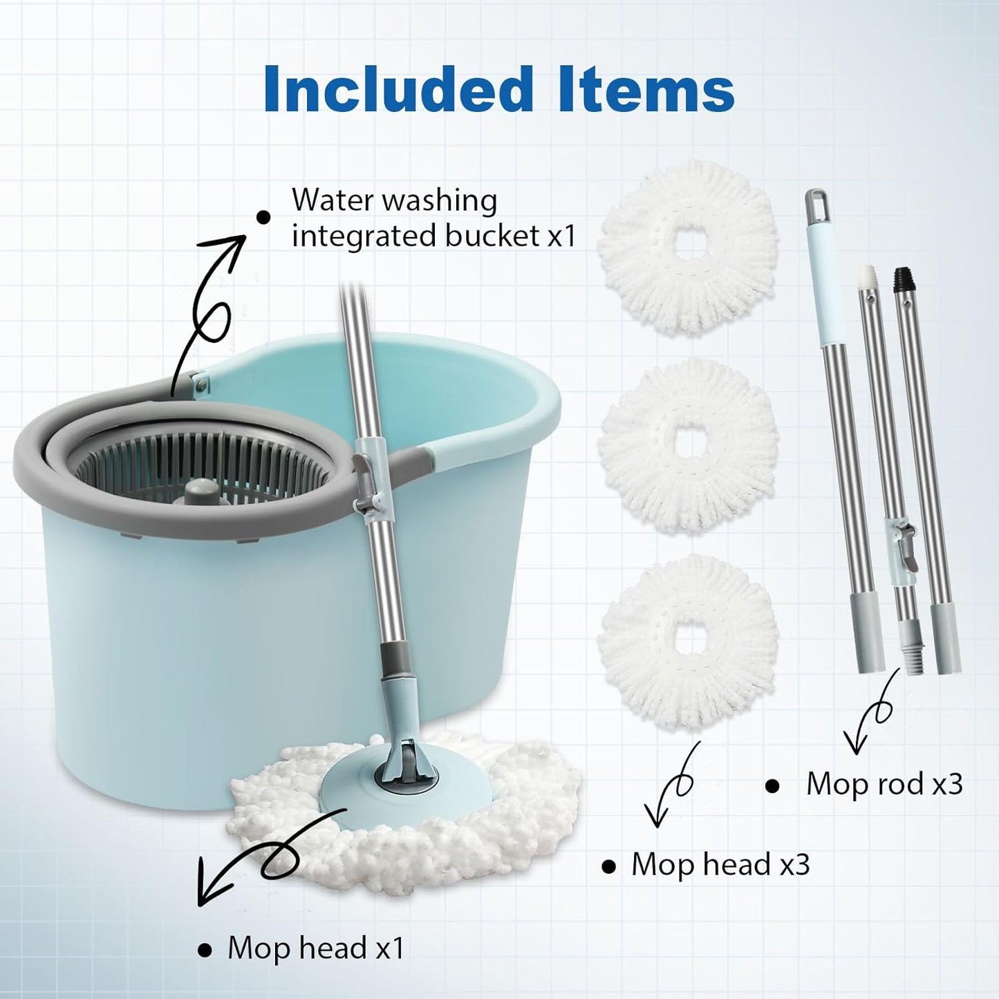 Spin Mop and Bucket, Mop and Bucket with Wringer Set for Home, 360 Spinning Mop Bucket Floor Cleaning Tool with 3 Microfiber Mop Replacement Head Refills,50" Extended Handle for Floor Cleaning Home