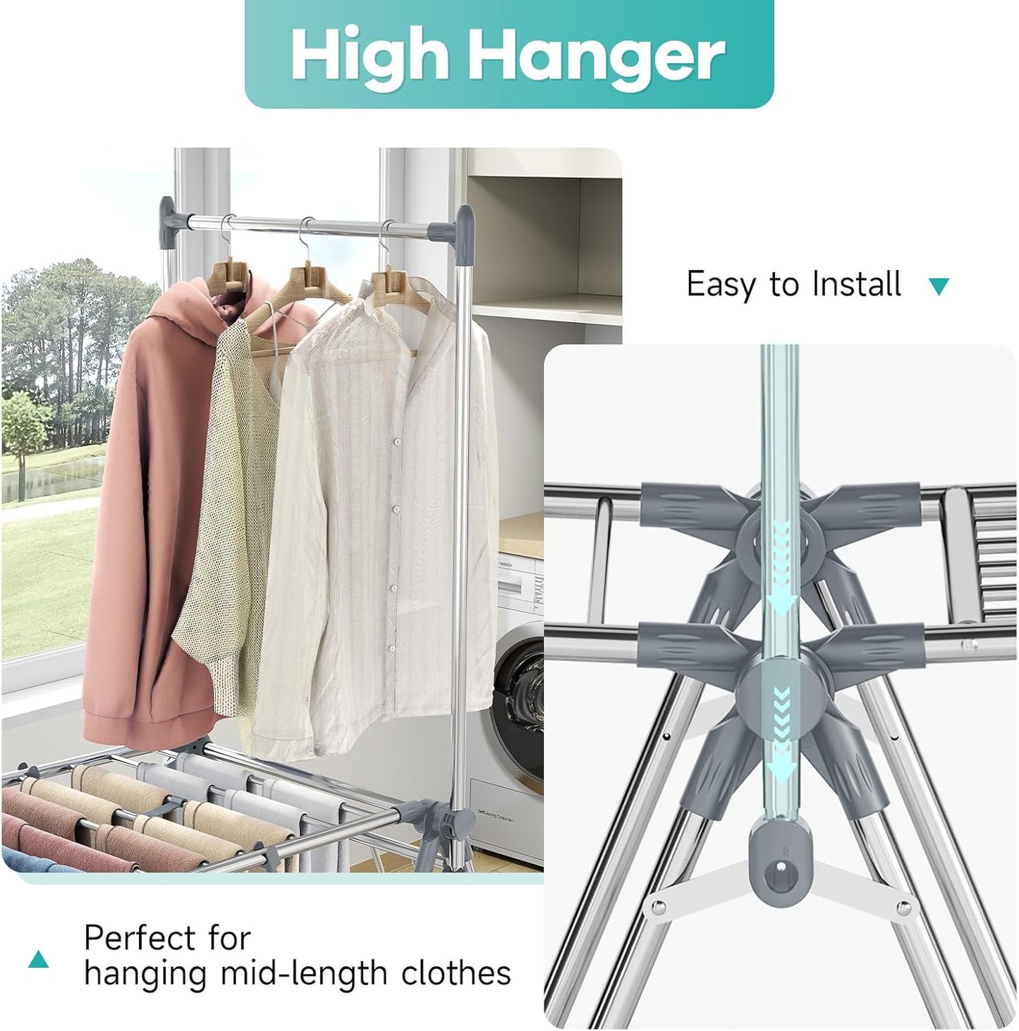 APEXCHASER Clothes Drying Rack with High Hanger, Foldable 3-Level Drying Racks with Shoe Rack, Crossbar and Vertical Rod Laundry Stand with Adjustable Wings Silver