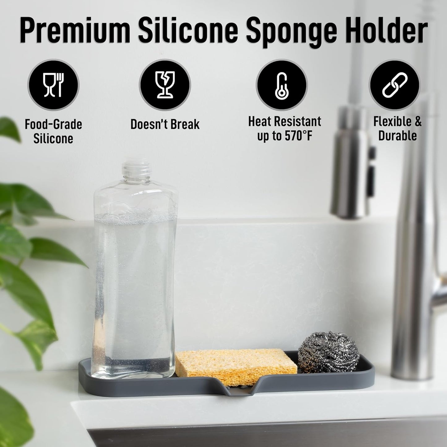 Zulay Kitchen (9x3.5in) Sponge Holder for Kitchen Sink - Flexible Heavy-Duty Multipurpose Sink Caddy - Counter Organizer for Kitchen, Bathroom, Makeup, Trinkets & More! (Grey)