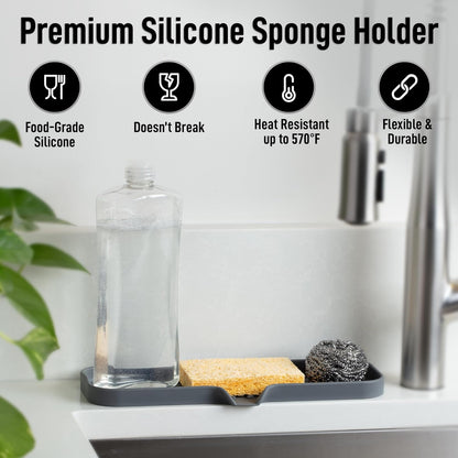 Zulay Kitchen (9x3.5in) Sponge Holder for Kitchen Sink - Flexible Heavy-Duty Multipurpose Sink Caddy - Counter Organizer for Kitchen, Bathroom, Makeup, Trinkets & More! (Grey)