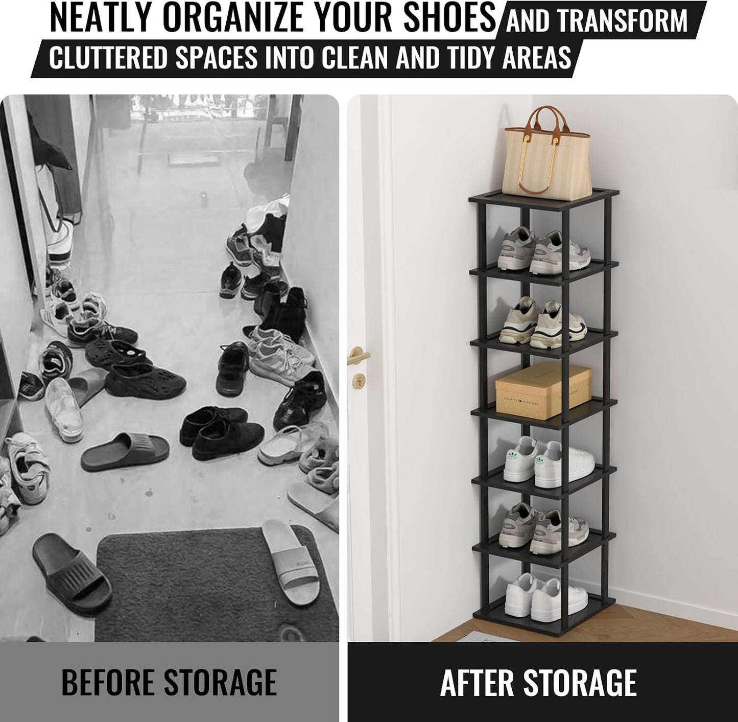 MHXW SXPN Bamboo Free Standing Shoe Rack Shelf Multi Tier Tall Wooden Stackable Shoes Rack Organizer for Closet Front Door Entrance Narrow Vertical Shoe Storage (Nature, 7 Tiers)