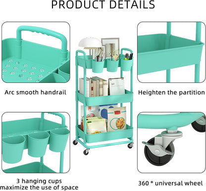 JIUYOTREE 4-Tier Plastic Rolling Storage Cart Utility Cart with Extra Hanging Cups Handles Lockable Wheels for Living Room Bathroom Kitchen Office White
