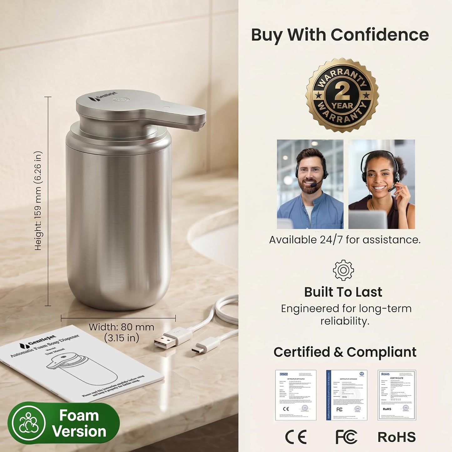 GentleJet WaveJet Automatic Foaming Soap Dispenser – Touchless Sensor, USB-C Rechargeable, 304 Stainless Steel, IPX5 Waterproof for Bathroom Kitchen Sink, 12 oz / 350 ml