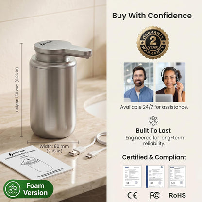 GentleJet WaveJet Automatic Foaming Soap Dispenser – Touchless Sensor, USB-C Rechargeable, 304 Stainless Steel, IPX5 Waterproof for Bathroom Kitchen Sink, 12 oz / 350 ml