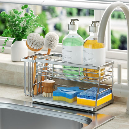SWTYMIKI Sponge Holder for Kitchen Sink - Sink Caddy with Brush Holder and Stainless Steel Self Drain Tray, Sponge Caddy Organizer with Divider Kitchen Accessories Storage for Countertop, Black