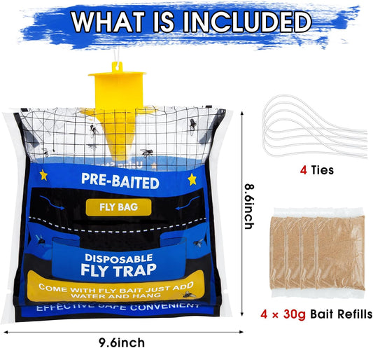 6 Pack Fly Traps Outdoor Hanging for Patio, Outdoor Disposable Hanging Fly Trap with 30g Bait, Bug Fly Hunter Catcher Killer Control for Barn Horse Ranch Chicken Coop