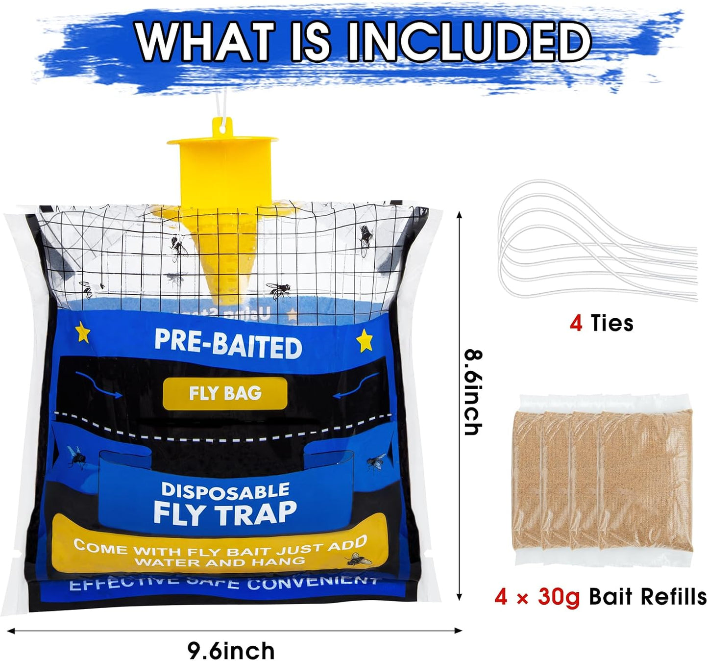Big Disposable Hanging Fly Trap Bag 4 Pack for Chicken Coop Barn Ranch Farm | 50g Dissolvable Bait Fly Hunter for Flying Insects, Large Clear Capacity, No Messy Cleanup, Weatherproof Outdoor-only Use