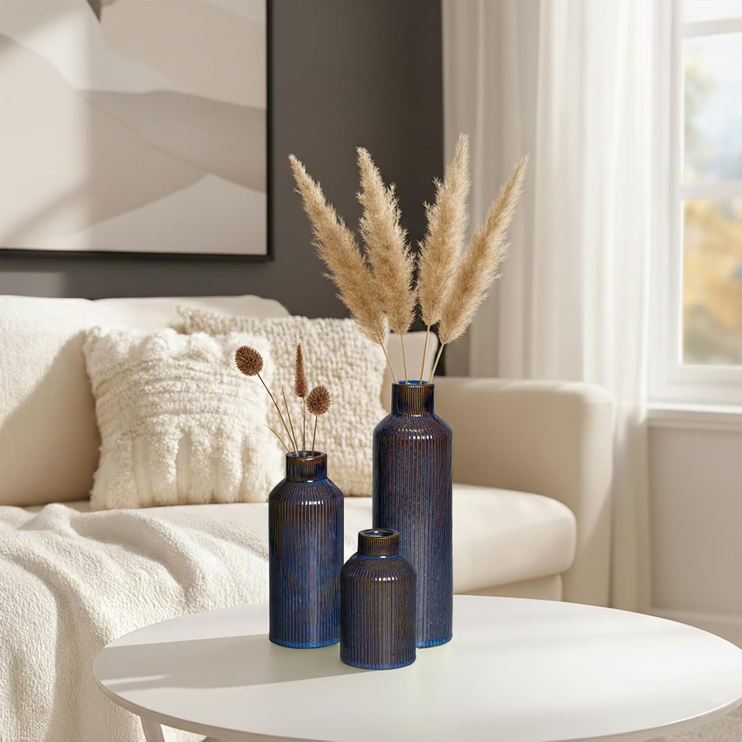 Brown Ceramic Vase Set of 3 - Rustic Farmhouse Vases for Centerpieces Small Modern Decorative Vase for Flower Kitchen Bathroom Bedroom Living Room Shelf Home Decor