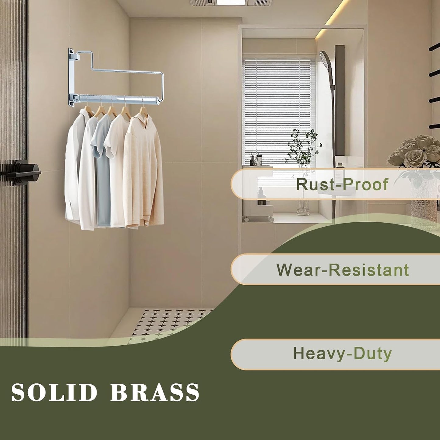 NEWRAIN Folding Wall Mounted Clothes Hanger Rack Clothes Hook Solid Brass with Swing Arm Holder Clothing Hanging System Closet Storage Organizer Heavy Duty Drying Rack Wall Mount,Brushed Gold