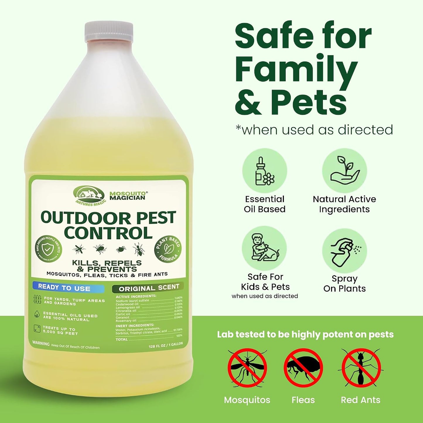 Mosquito Magician Ready-to-Use Mosquito Yard Spray 2 Gal (original scent) – Kills Mosquitoes, Fleas & Fire Ants, Repels & Prevents Ticks – Essential Oil Formula for Sprayers, Foggers & Misting Systems