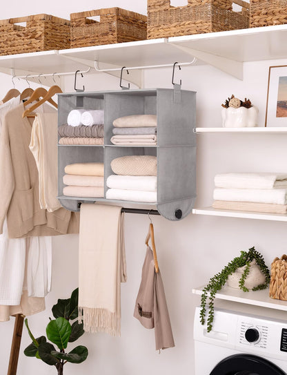 StorageWorks Hanging Closet Organizer with Metal Rod, 4-Section Closet Organizers and Storage, Collapsible Hanging Shelves for Baby Clothes, Shoes, Sweater Storage, Ivory and White