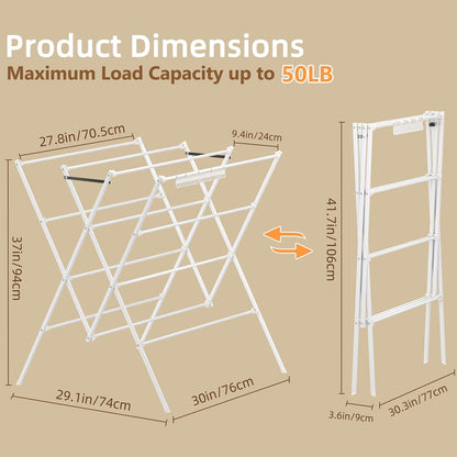 HOMIDEC Drying Rack Clothing,Large 12 Drying Poles with Sock Clips Clothes Drying Rack,Foldable Portable Laundry Drying Rack for Air Drying Clothing,Towels,Delicate Eac,Indoor Outdoor Use.Silver
