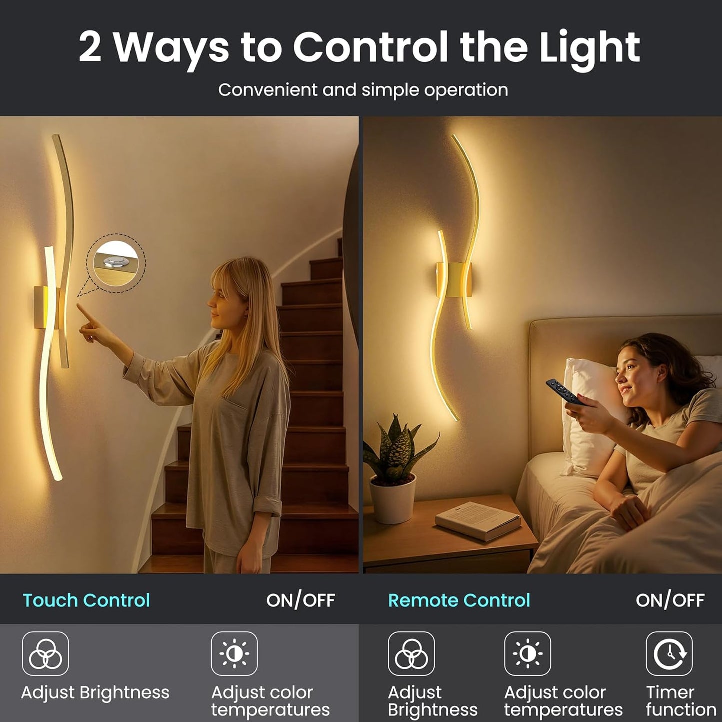 Battery Operated Wall Sconces Set of Two, 10000mAh Rechargeable Modern Wall Lights with Remote Control, Dimmable Gold LED Cordless Lighting for Living Room, Bedroom, Hallway, 39.4 Inch, 3CCT