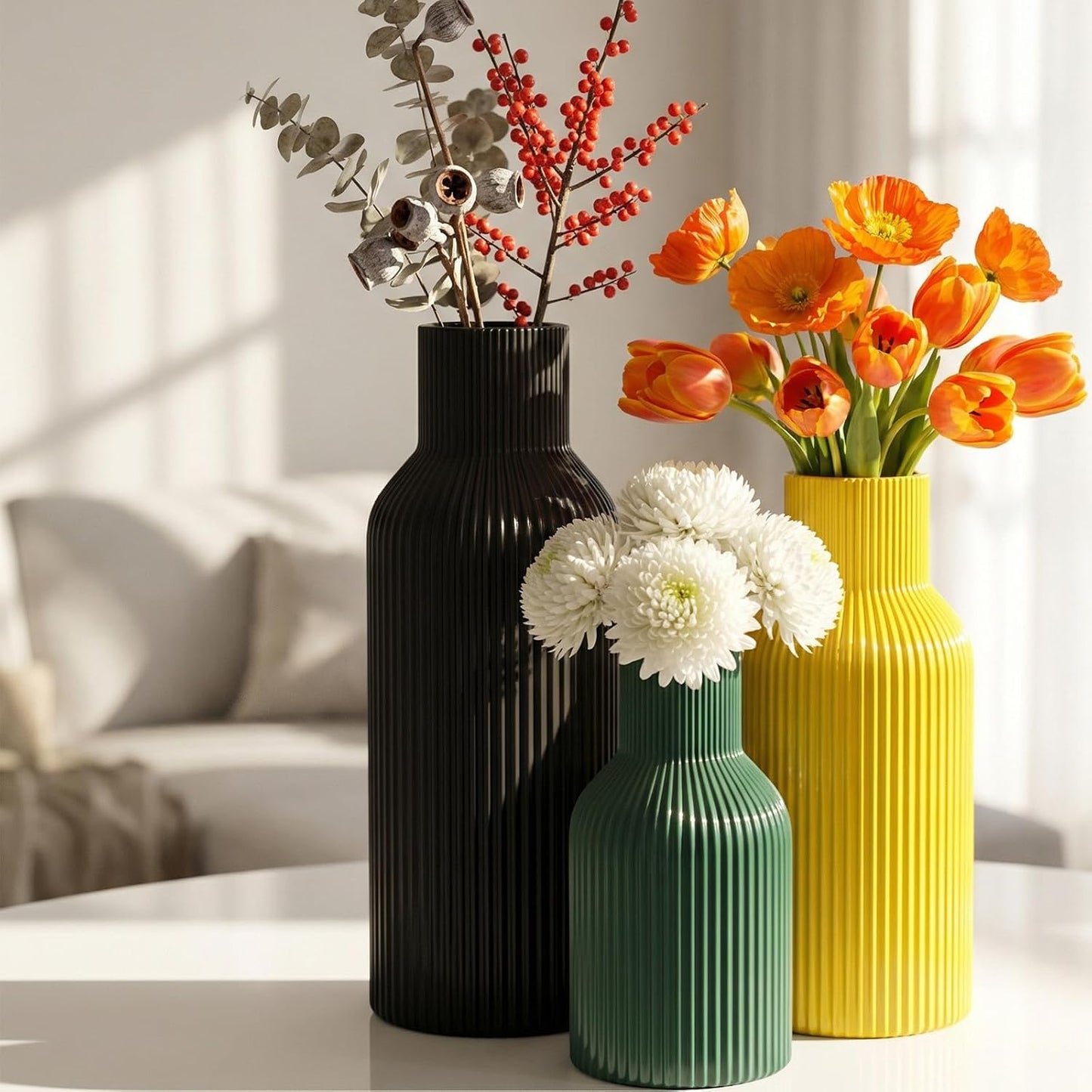 White Ceramic Flower Vases Set of 3, Modern Matte Vertical Ribbed, Nordic Minimalist Decor for Pampas, Dried & Fresh Flowers, Centerpiece for Living Room, Shelf, Entryway, Wedding,Office