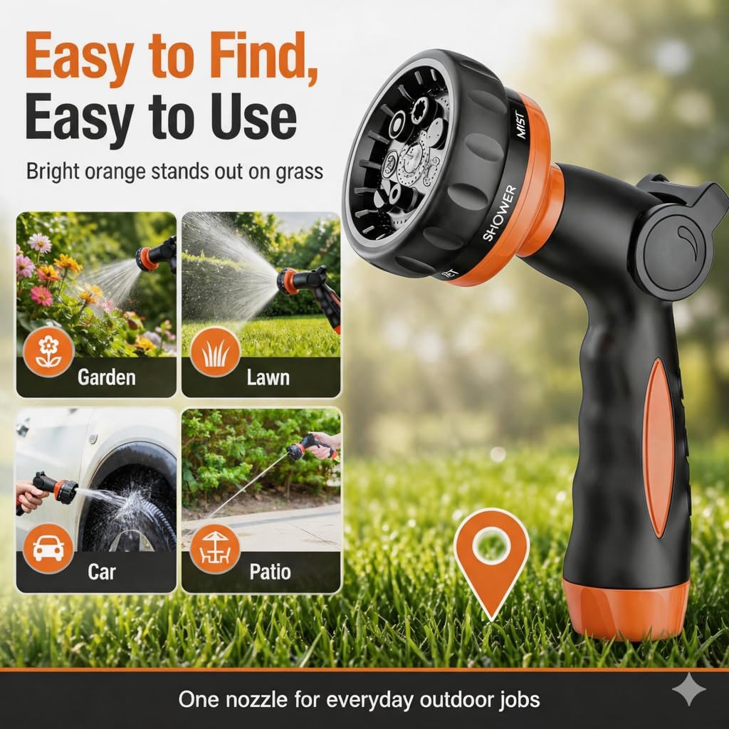 V.C Formark Garden Hose Nozzle, Heavy Duty Metal Water Hose Nozzle with 8 Adjustable Spray Patterns,Hose Sprayer with Thumb Control for Garden Watering, Car Washing, Pet Bathing & Window Cleaning