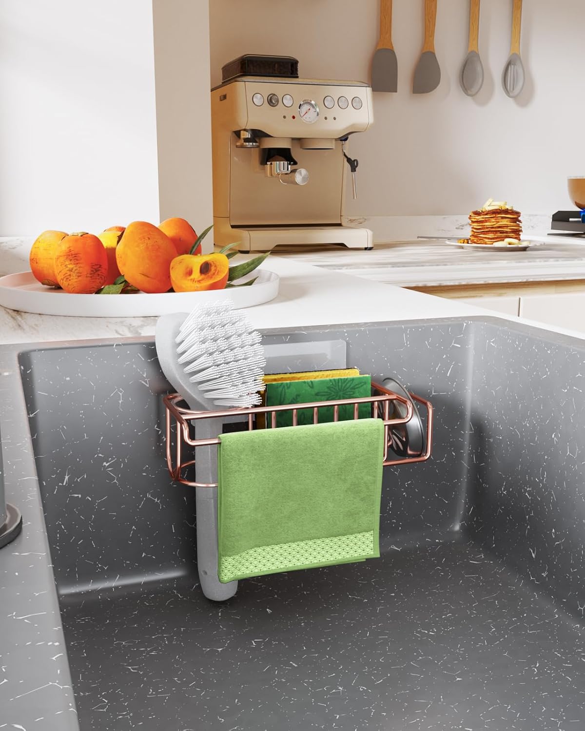HapiRm 4 in 1 Sink Caddy Sponge Holder, SUS304 Stainless Steel Kitchen Brush Holder and Dish Cloth Hanger, Kitchen Organizers and Storage Essentials - Silver