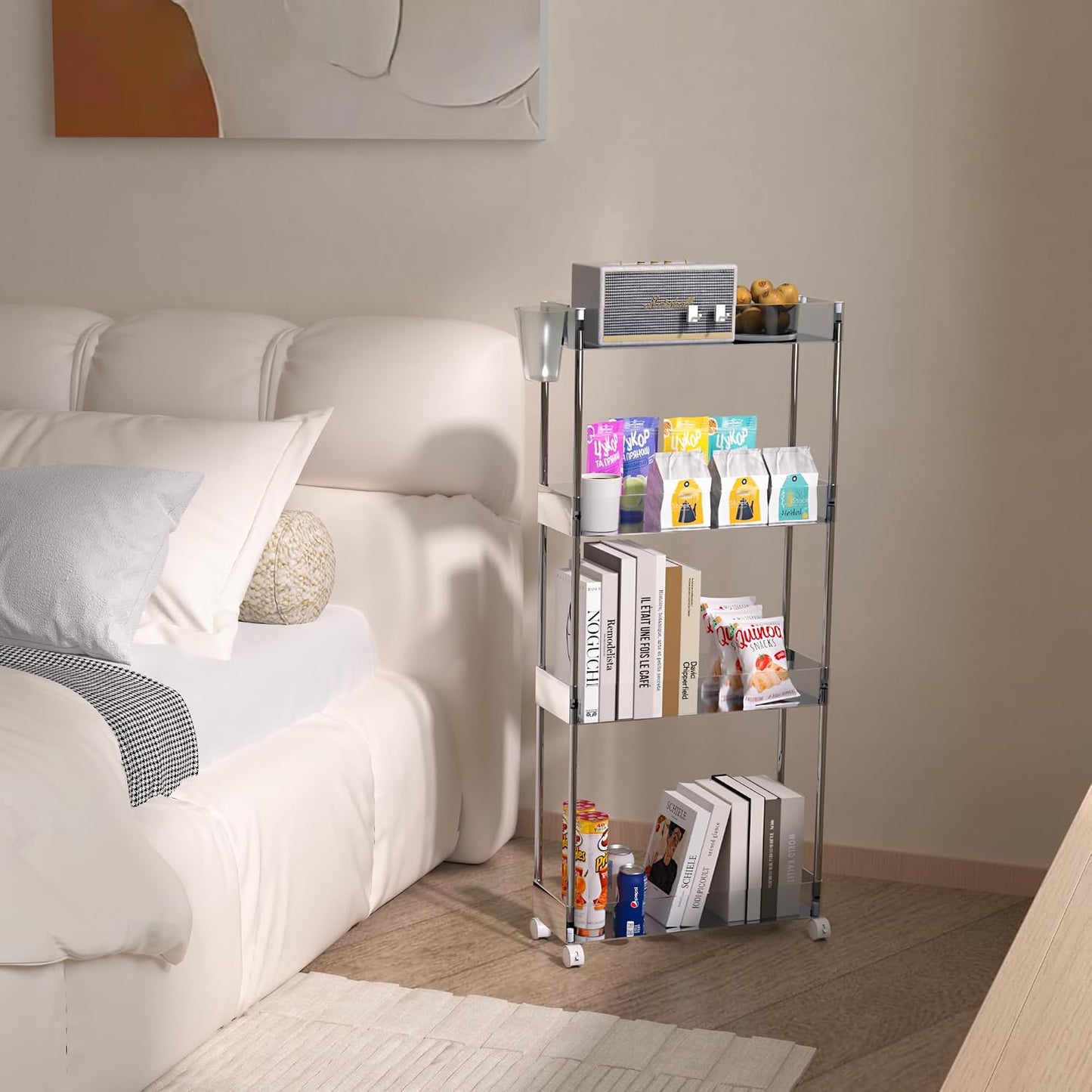 VECELO Storage Rolling Cart, 4 Tier Utility Cart Kitchen Slim Mobile Storage Unit Organizers with Wheels Hooks&Hanging Cups for Bedroom Bathroom Office Table Side in Narrow Places, White