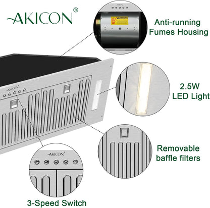 Range Hood Insert/Built-in 36 inch,Ultra Quiet Powerful Vent Hood with LED Lights, 3 Speeds 600 CFM, Stainless Steel - Akicon