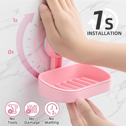 LEVERLOC Soap Dish Holder for Shower Suction Cup Wall Mounted Self Draining NO-Drilling Removable Bar Soap Sponge Holder for Bathroom Bathtub Kitchen Sink Waterproof Strong Vacuum Suction Adhesion