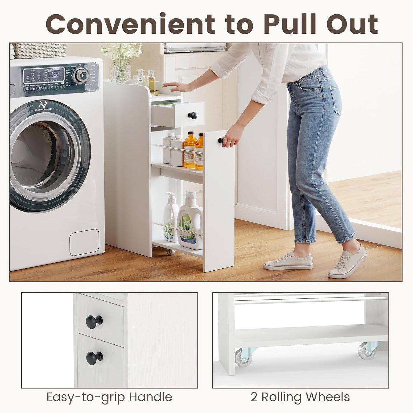 Tangkula Slim Bathroom Storage Cabinet, 4-Tier Narrow Small Side Storage Cabinet Next to Toilet, Slide Out Drawers on Casters, Bathroom Floor Organizer Toilet Paper Holder for Small Spaces (White)