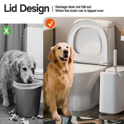 CTIME Bathroom Trash Can Set - Narrow White Plastic Small Trash can, a Toilet Wand, Toilet Brush Holder and 36 Refills, 2 Gallon Trash can with pop-up lid, Suitable for bathrooms and Small Toilets.